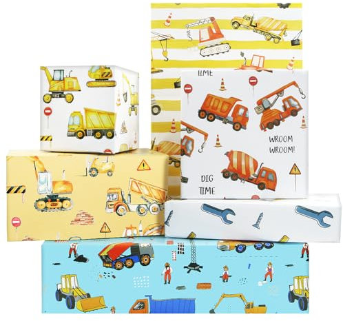 Bau-Geschenkpapier, 6 Blatt Bagger Traktor Muldenkipper Bulldozer-Mixer Kipper Fahrzeuge Muster Straße im Bau Geschenkpapier für Kinder, Jungen, Männer, Geburtstag, 50 x 70cm