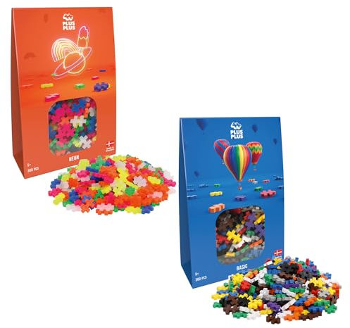 Plus Plus Bausteine - Pack 2 Packungen Mit 300 Neon & Basic Teilen | Puzzle Ab 5 Jahre Alt 600 Teile | Konstruktionsspielzeug Ab 5 Jahren | Kinder Spielzeug