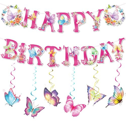 Geburtstagsdeko Schmetterling, 6 Stück Schmetterling Deko Luftschlangen Geburtstag und 1 Stück Happy Birthday Girlande Papier Schmetterlinge zum Aufhängen für Geburtstag Gartenparty
