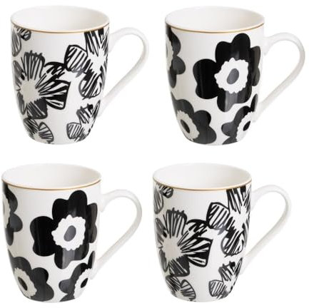 Juego de 4 tazas mug para desayuno con flores blancas y negras de cerámica de 350 ml