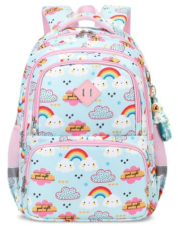 FANDARE Kinderrucksack Jungen Mädchen Regenbogen Kinder Rucksack lässig Kinderrucksack Schulranzen mit reflektierenden Streifen Daypacks Schulrucksack Büchertaschen Tagesrucksack Hellblau