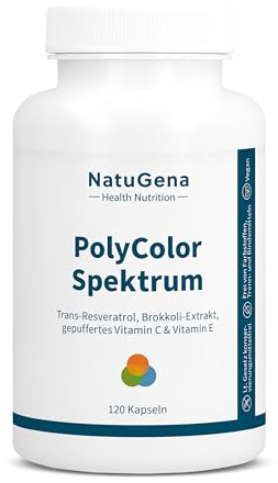 NatuGena PolyColor Spektrum gegen oxidativen Stress, hochdosiertes Vitamin E, Trans-Resveratrol, Quercetin, gepuffertes Vitamin C & Lycopin, 120 Kapseln (60 Tage Packung)