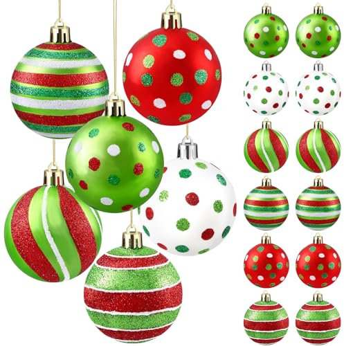 JOISHOP 12pcs Christmas Tree Baubles, 2.95 Inch Hanging Christmas Balls Ornaments Red and Green Christmas Baubles Shatterproof Balls with Strings for Xmas Tree Decorations