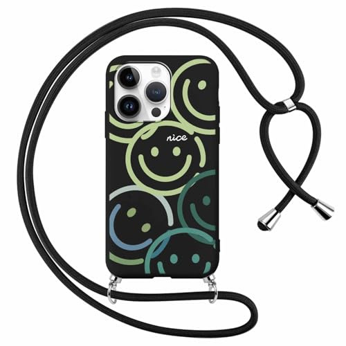 Xylota Handykette Handyhülle für iPhone 14 Pro 6,1 Hülle mit Band, Niedliches Muster Smiley Case mit Kordel zum Umhängen, Weich TPU Dünn Silikon Stoßfest Schutzhülle Cover für iPhone 14 Pro, Schwarz