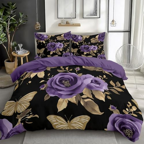 Printing Duvet Cover Set DoubleWatercolor Purple Rose Gold Butterfly Duvet Cover Bedding Purple Printed Teen Bedding Sets 1 Zipper Quilt Cover 2 Pillowcases
