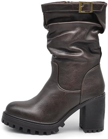 IF FASHION Stivaletti Tronchetti Arricciati da Donna In Pelle Sintetica Con Tacco Grosso 681 brown N.41