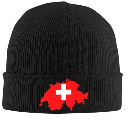 Unisex Strickmütze mit Schweiz-Karte und Flagge – Warme, Dehnbare Mütze, Skullies-Kappe mit Buchstaben-Aufdruck, Strickmütze, Thermomütze für Herbst und Winter, Alltagsmütze, Schwarz, Einheitsgröße