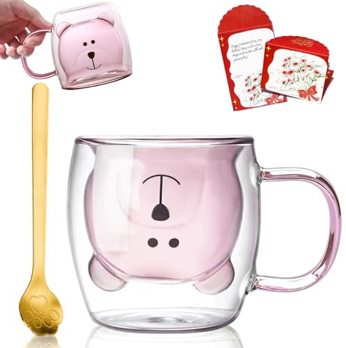 Afitdon Tasse mignonne en forme d'ours, double paroi, 280 ml, avec carte de bénédiction, cuillère et couvercle, double paroi pour cappuccino, latte macchiato, thé, glace et lait