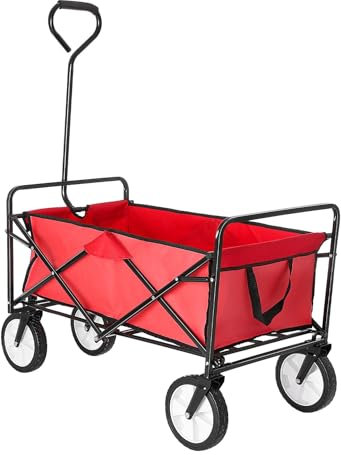 Folding Camping Wagon Collapsible Garden Cart Heavy Duty Beach Trolley with Side Pocket Garden Picnic Shopping Wagons (Red)