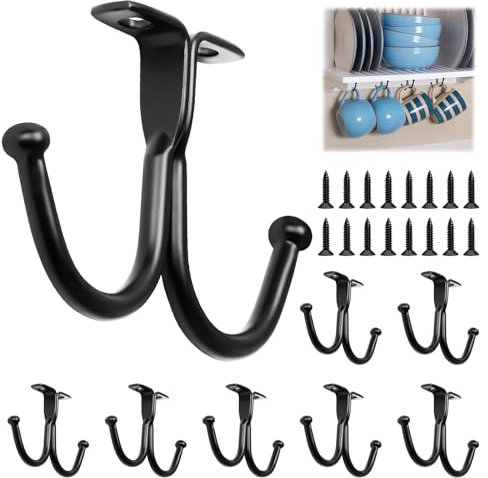 Cup Hooks,Mug Hooks Under Cabinet Hook Metal Mug Holder Under Shelf Coat Hanger Black Wall Mounted Cup Holder for Kitchen Utensil Storage Drying Pots Pans Coffee Tea Cups (8, Double Hook)