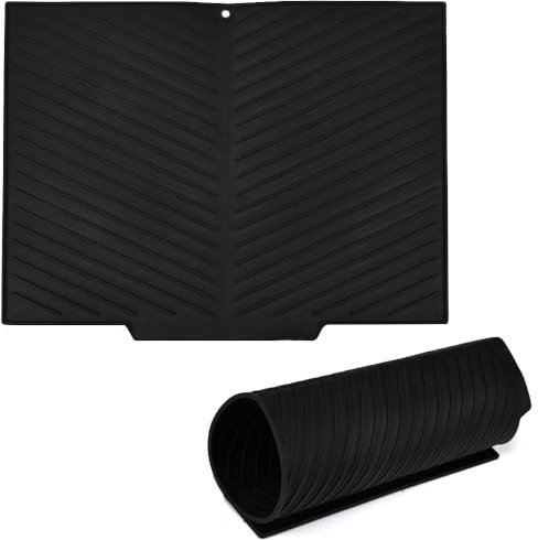 Elyyapt Dish Drying Mat Rubber Draining Board Mat with Built-in Drain Lip, V-Shaped Dish Drainer Mat Non-Slip Dish Draining Mat Heat Resistant Mat Pad for Kitchen Counter, 17 x 13 inch, Black