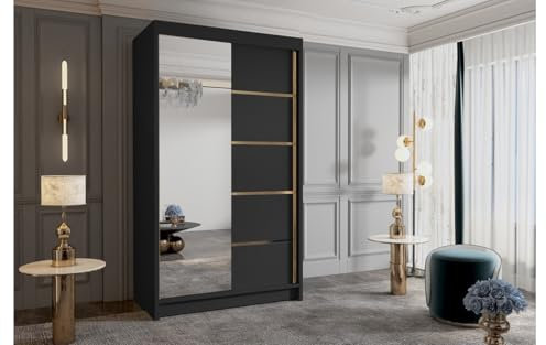 ELUKS - FLAVIO GOLDEN STRIPES Sliding Doors Wardrobe with Mirror Furniture for Bedroom Living Room and Hall Organizer Width 100cm/120cm/150cm/180cm/200cm/WHITE/BLACK/CASHMERE (Black, 100cm)