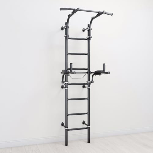 Jeflex ClimbMaxx M9 - Schwarze Sprossenwand mit klappbarer Dip-Station – platzsparendes Fitnessgerät und Indoor Sportgerät für Kinder & Erwachsene – 220 cm hoch – für Homegym Kinderzimmer Büro