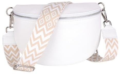 MIRROSI Damen Bauchtasche aus Echtleder, Made in Italy. Als Umhängetasche, Brust- oder Schultertasche tragbar, 26x20x8 cm, Reißverschlussfach hinten. (Weiß: Boho)