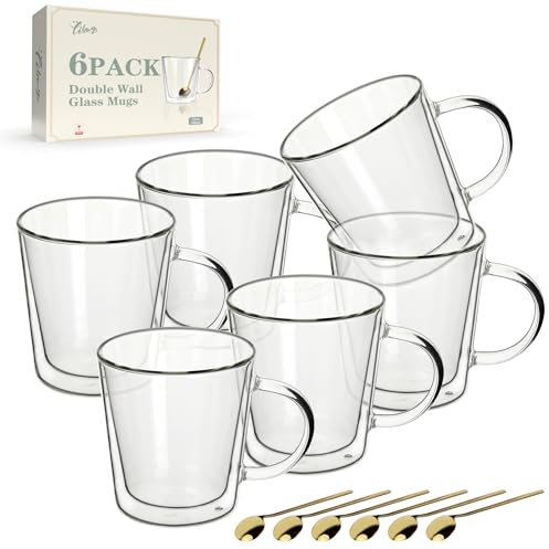 LIBWYS 6er Set Doppelwandige Latte Macchiato Gläser mit Löffel 350ml, Hitzebeständige Borosilikatglas Kaffeetassen Teegläser für Cappuccino, Tee, Milch, Saft, Eis, Bier