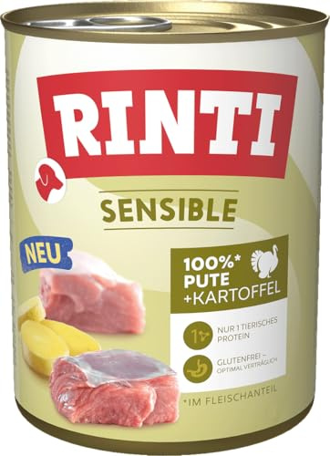 RINTI - Sensible | Nassfutter für Sensible, ausgewachsene Hunde mit natürlichen Fleischstücken. Getreidefreies Alleinfutter in der Dose ohne künstliche Zusätze | 6x800g Pute + Kartoffel