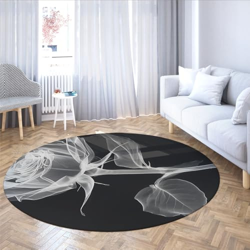 SHUODAOCO Schwarz-weißer runder Teppich verspielte Rose Faltbarer Blumenteppich für Wohnzimmer Waschküche leichte Pflanze abstrakte Boho-Bodenteppiche 90cm