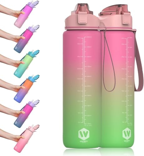 WHIPY 1L Water Bottle with Straw - Leak-Proof & BPA Free Reusable Sports Bottle for Hydration Durable Drink Bottle for Gym, Sports (Pink and Green)