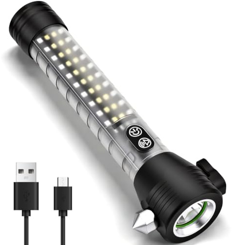 KnLnny Ware notfallhammer Auto mit gurtschneider 6-in-1-Notfallfunktion | Notfallhammer Auto mit Gurtschneider 1800mAh Akku Typ-C, Seiten-LED mit Blaulicht & Alarm – ideal für Auto, Wohnmobil & Boot