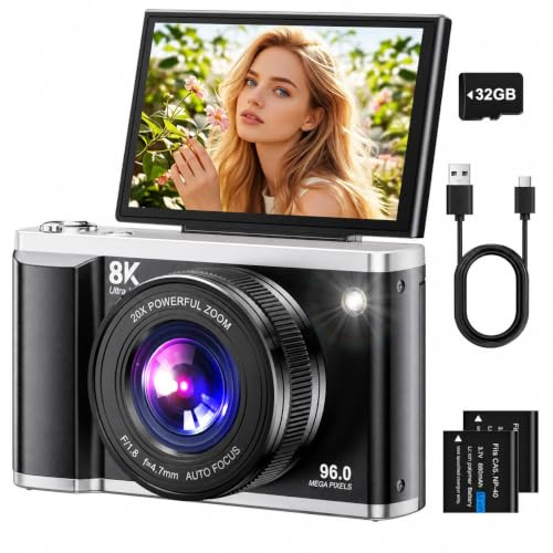 Appareil Photo Numérique 8K 96MP avec WiFi, Zoom Numérique 20X, Appareil Photo avec Autofocus et Stabilisation Anti-Shake, Écran Rabattable 3,5 180°, Carte SD 32GB et 2 Batteries
