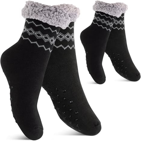 Footstar Damen und Herren Winter Haussocken (2 Paar) Kuschelsocken - Schwarz 43-46