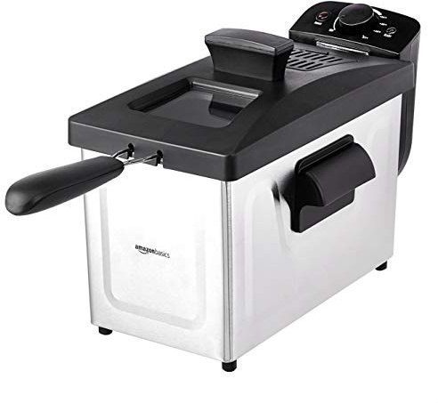 Amazon Basics 3.2-Qt (3.0L) Electric Deep Fryer with Adjustable Temperature Control, Easy Draining Basket, Viewing Window, Fast-Heating 1500W, Stainless Steel Exterior, Black & Silver