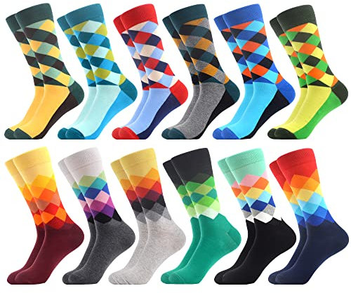 WeciBor Herren Bunt Beiläufig Gemusterte Socken Gekämmte Baumwolle Lustig Neuheit Crew Socken, 12 Paar Geometrie 2, Einheitsgröße