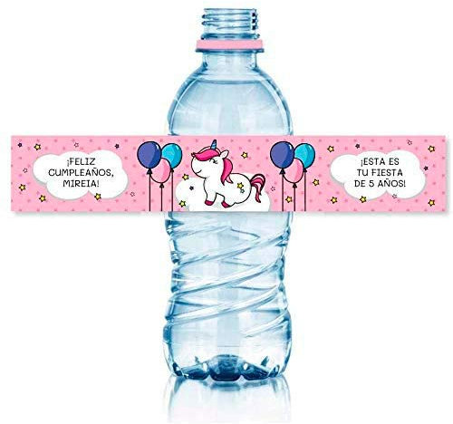Etiquetas Personalizadas para Fiestas y Cumpleaños, 15 Unidades, Temática Unicornio y Globos, Resistente al Agua, Ideal para Botellas de Agua 33 cl, Multicolor, 19,3x3,4 cm