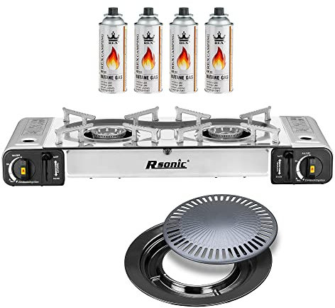 Mianova Campingkocher Doppel Gaskocher 2 flammiger Shisha Anzünder Grill Notfallkocher Kühltasche Gaskartuschen Gas Kocher Set Silber Grillplatte 4 Gasflaschen