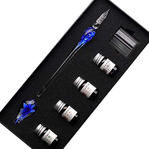 SIPLIV kit de pluma estilográfica de cristal de intarsia hecha a mano con firma de caligrafía pluma con tinta de 4 colores, portalápices, taza de limpieza, azul oscuro