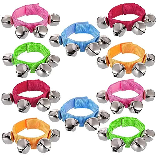 Lot de 10 clochettes de poignet multicolores 5 couleurs - Bracelet rythmique musical - Pour enfants et adultes
