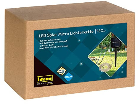 Idena 31342 - LED Solar Micro Lichter-Kette mit 120 LED in Warmweiß, inklusive Solar-Modul, Erdspieß und wiederaufladbarem Akku, ca. 12,4 m lang, als Deko für den Garten, Terrasse und Balkon