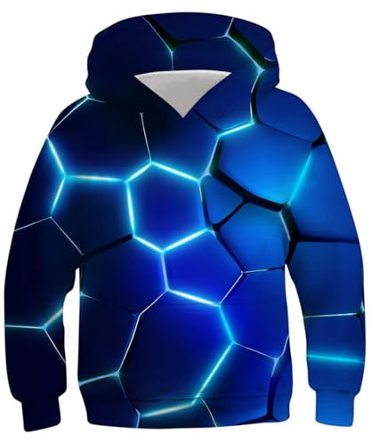 kids4ever Kinder Hoodie 3D Blau Geometry Gedruckt Kapuzenpullover Lässige Mädchen Jungen Pullover Kapuzenpulli Langarm Kapuze ​Pulli Winter Kapuzen Sweatshirt mit Tasche Alter 8-11