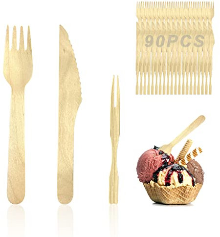 ZWZNBL Juego de tenedor y cuchillo de madera desechable de 90 piezas, que incluye 30 cuchillos de madera, 30 tenedores de madera, 30 palitos de fruta de bambú, madera degradable