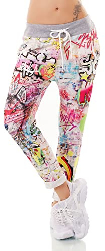 Zeralda Fashion Damen Hose Jogpants Baggy Boyfriend Freizeithose Graffiti Wolf Print 36-40 Made in Italy