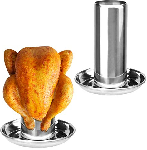 WOKICOR Soporte Asador de Pollos, Acero Inoxidable Vertical Asador de Pollo Antiadherente Pollo Asado Rack con Bandeja, para Parrilla Ahumadora, Acampar al Aire Libre