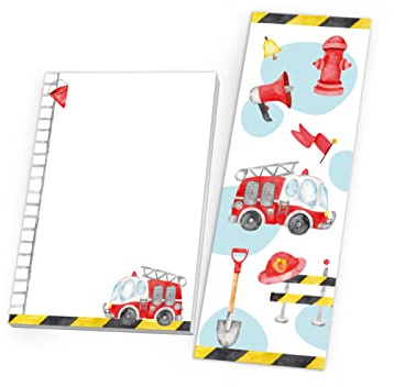 12 Lesezeichen + 12 Mini-Notizblöcke (A7-Format) Feuerwehr Feuerwehrauto Mitgebsel für Kindergeburtstag Gastgeschenke für Jungen