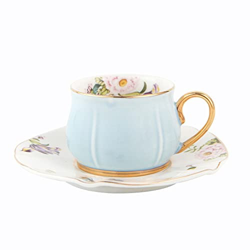 fanquare Taza de Té y Plato Azul, Juego de Taza de Café y Té de Porcelana, Taza de Café con Flores para el Desayuno Tarde de Té