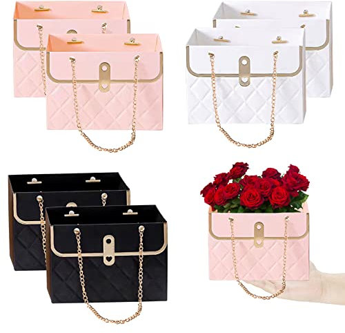 NAESM 6 Pcs Flower Paper Box, with Metal Bouquet Storage Bucket, Florist Bag Handbag Wedding Party Gift Wrap Bag（Three Colors）