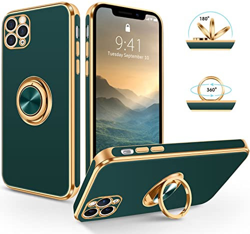 SouliGo for iPhone 11 Pro Max Case 360° Ring Holder Kickstand Magnetic Car Mount Slim Luxury Bling Plating Soft TPU Anti-Scratch Protective Bumper Phone Case for iPhone 11 Pro Max 6.5, Green