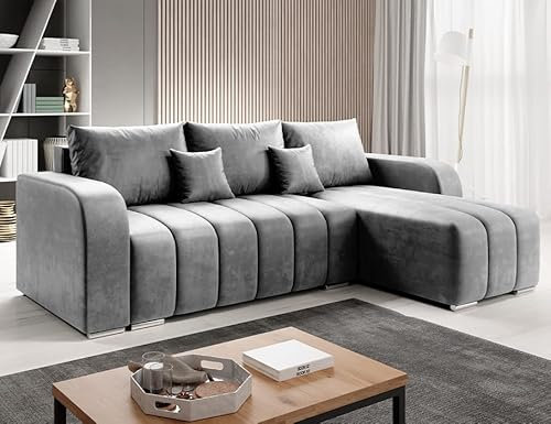 ML Furniture Ltd Velvet Ecksofa in L-Form 245 x 86 x 147 cm mit Schlaffunktion und Bettzeugbehälter - Schlafsofa mit Bettkasten - Eckcouch mit Stauraum - Rechts Couch Velours - Farbe: Graphit MO97