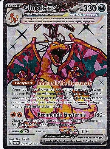 Glurak ex - OBF 215/197 - Ultra Rare - Karmesin & Purpur - Obsidianflammen - mit LMS Trading Grußkarte