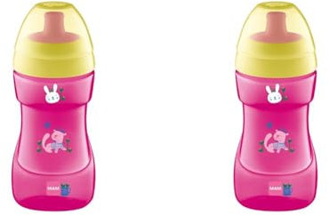 MAM Sports Cup, 330 ml, Trendy Non-Spill Cup for 12+ Months, Baby Cup Bottle with Free Flow Spout, Toddler Cup, Pink (Designs May Vary) (Pack of 2)