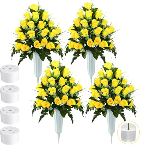 Crowye Künstliche Friedhofsblumen für Grab mit Vase, 96 Blütenköpfe, Rosenstrauß, Dekoration, Arrangement, Seide, Gedenkblumen für Grabsteine, Grabschmuck, Gedenktag (gelb), 4 Sets