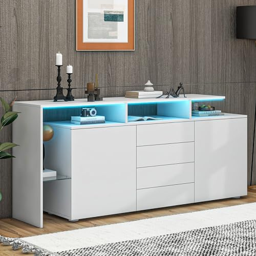Merax Sideboard Beistellschrank mit LED-Leuchten, Hochglanz weiße Kommode mit 2 Tür & 4 Schubladen, Moderne Buffetschrank mit viel Stauraum, für Wohnzimmer, Esszimmer, Eingangsbereich, 160x35x70cm