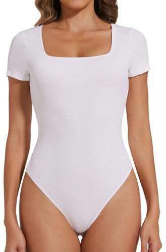 Joyshaper Body Damen Kurzarm Bodysuit Eckiger Ausschnitt Stringbody Elegant Damenbody Sommer Oberteil Tops T-shirts Weiß,S