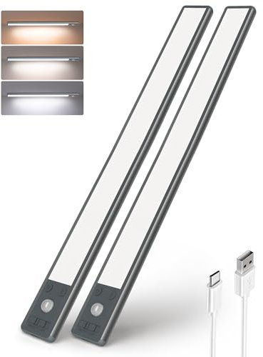 EZVALO Schrankbeleuchtung LED 37CM, 134 LED Schrankleuchte Kabellos mit Bewegungsmelder, 3200mAh Aufladbar 3 Farbmodi Dimmbar Schranklicht, Unterbauleuchte Küche für Schrank, Küche, Schwarz(2 Stück)