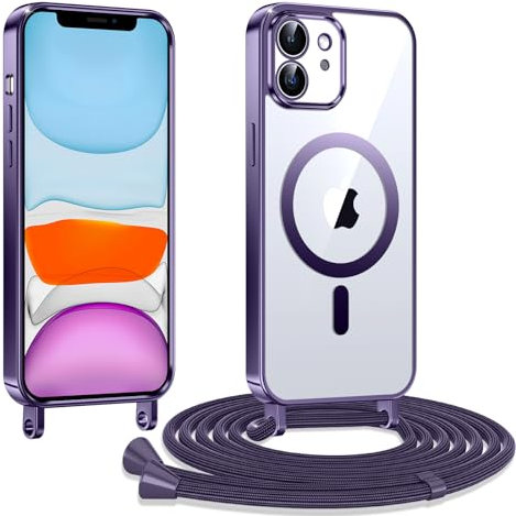 Kokio Funda para iPhone 11 con Cuerda,Compatible con Magsafe, Carcasa Transparente TPU Suave Silicona Case con Correa Colgante Ajustable Collar Correa de Cuello Cadena Cordón, Roxo