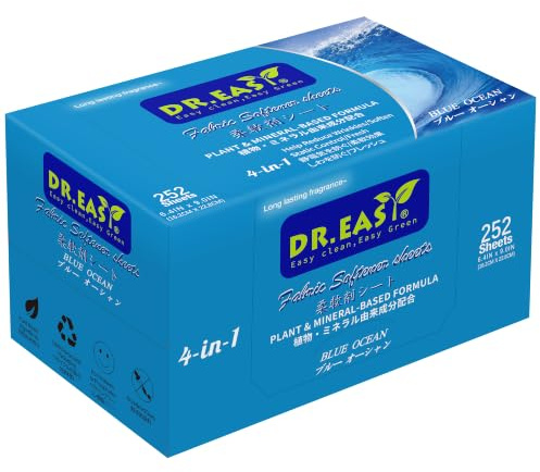 Feuilles assouplissantes DR.EASY Formule à base de plantes 252 unités Feuilles d'adoucissant pour linge parfum Océan bleu Huile essentielle Sans parfums artificiels Sans colorants