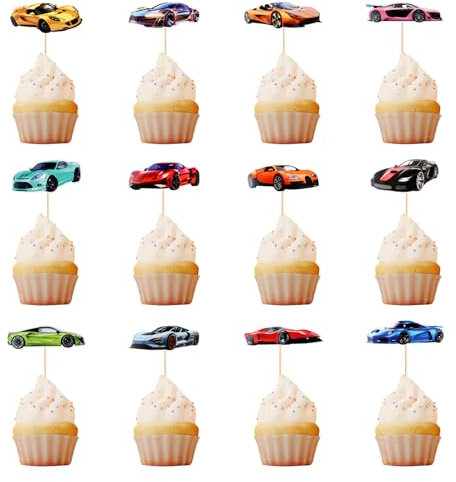 Sportwagen Car Cupcake Toppers, 36 Stück Rennwagen Tortendeko, Rennthema Geburtstag Tortenstecker, Cupcake Topper Auto, Tortendeko Kindergeburtstag, für Jungen Geburtstagsfeier Partys